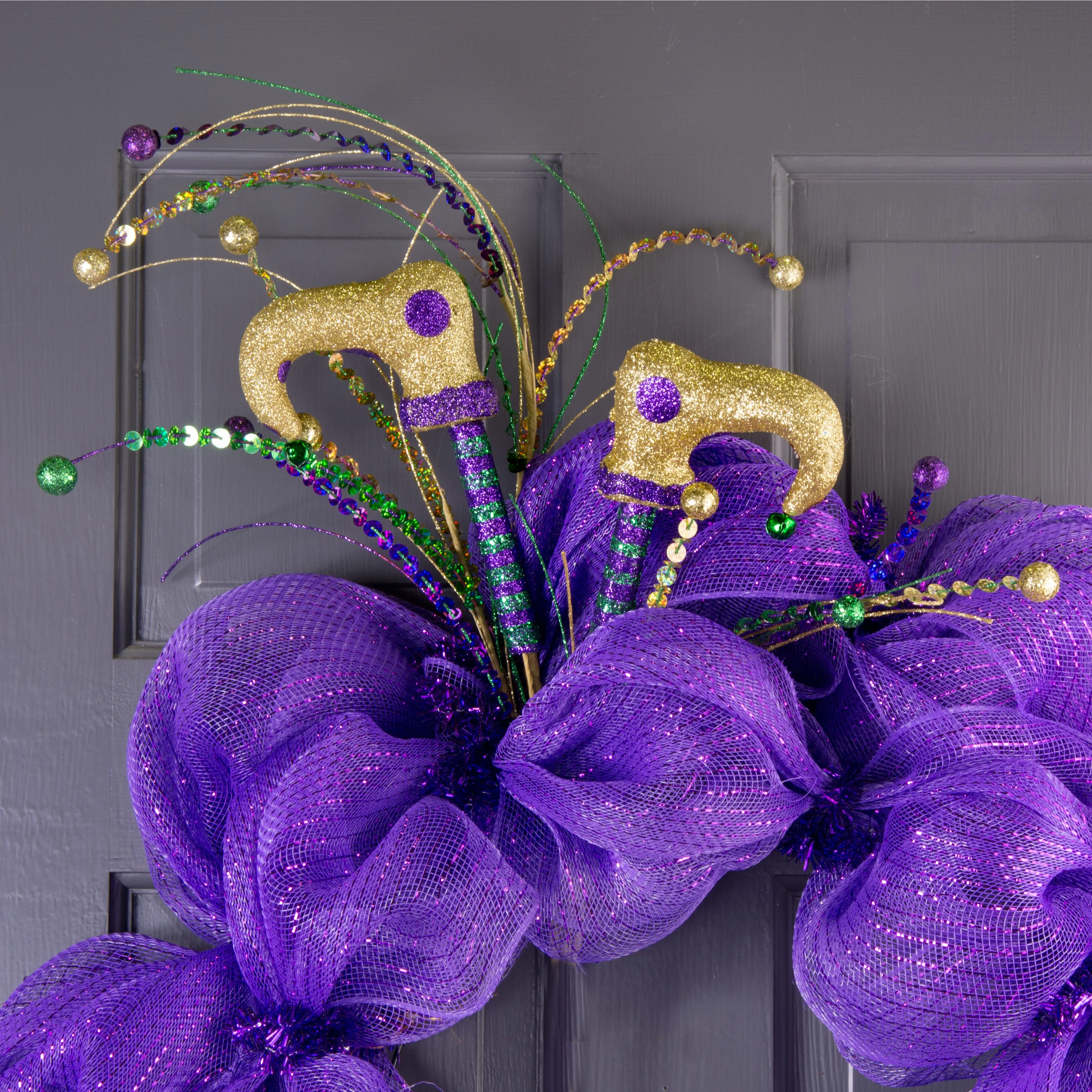 36" Glitter Mardi Gras Jester Leg Spray: Green, Purple, Gold