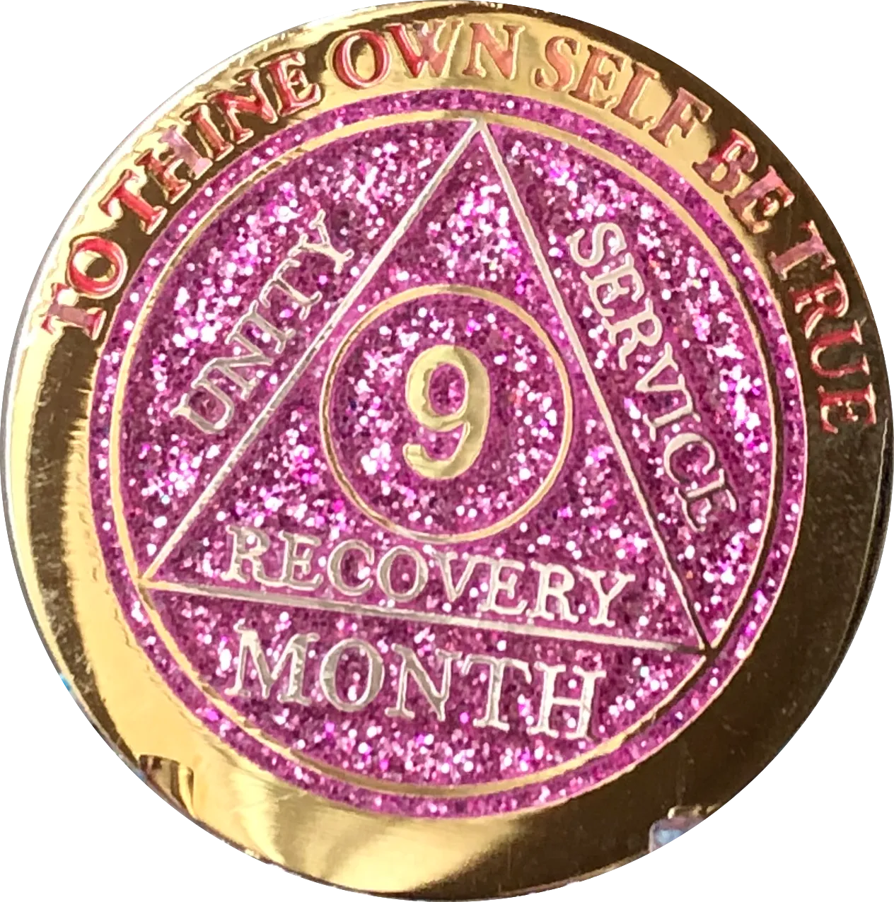 9 Month AA Medallion Reflex Pink Glitter Gold Plated Sobriety Chip