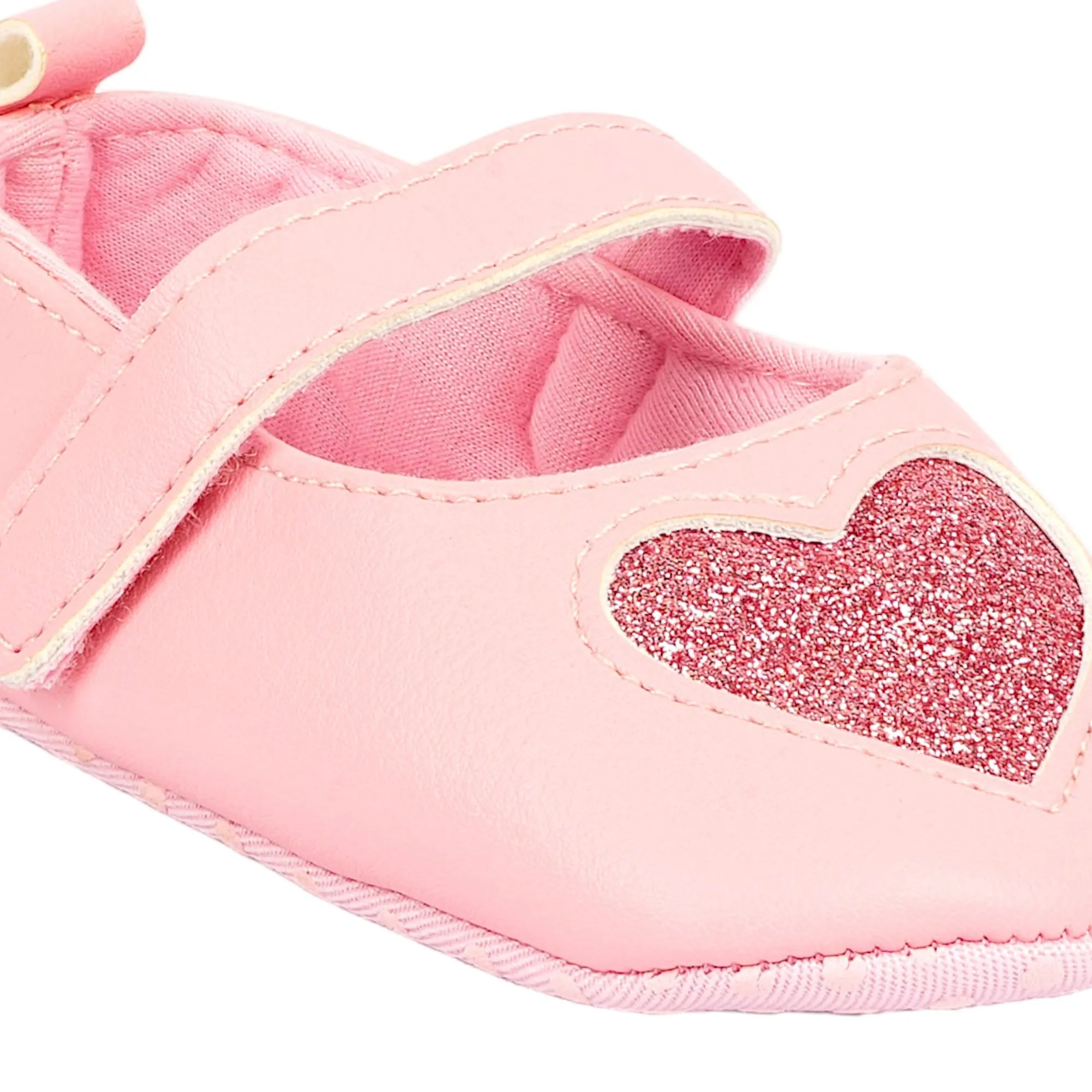 Baby Moo Glittery Heart Anti-Skid Velcro Strap Partywear Ballerina Booties - Pink