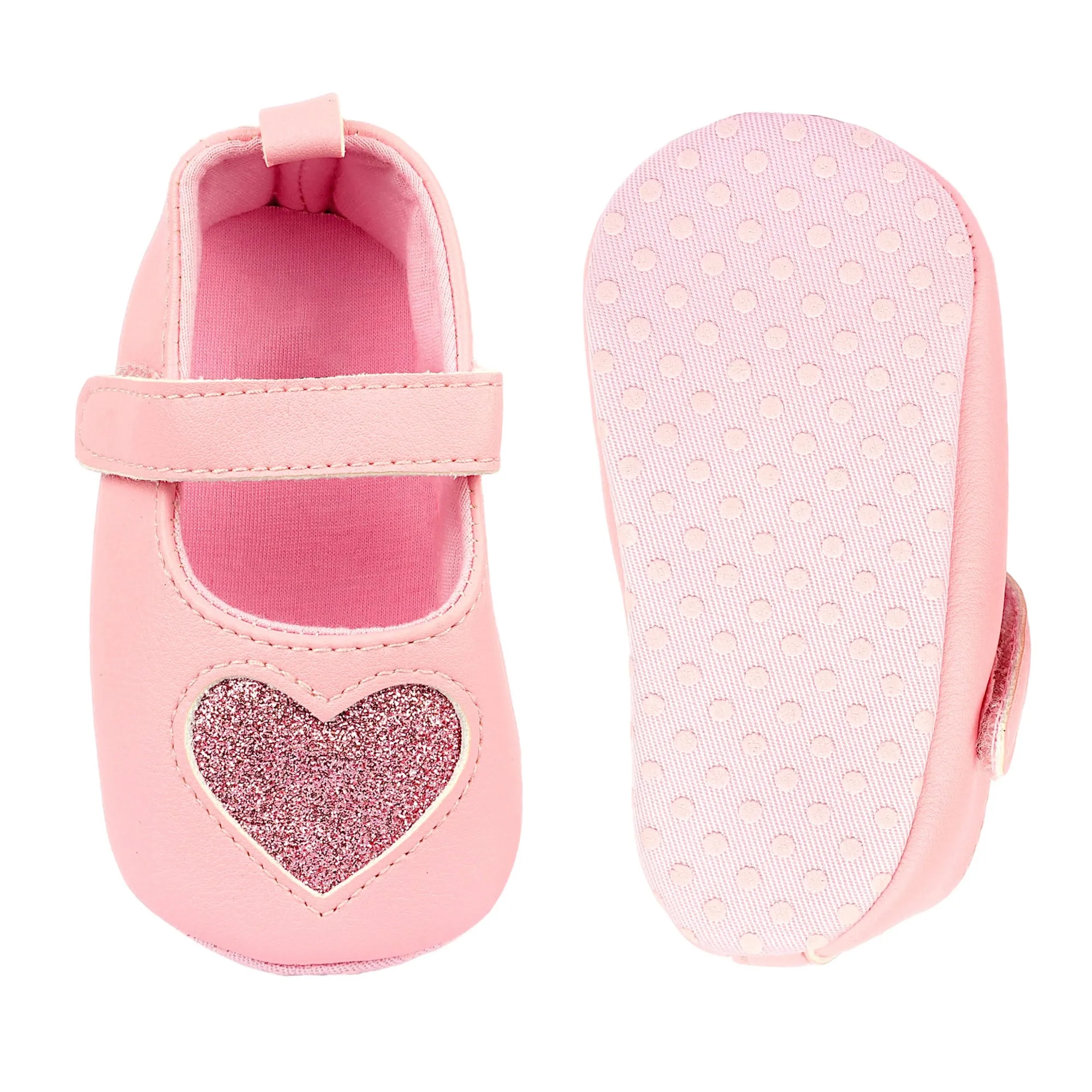 Baby Moo Glittery Heart Anti-Skid Velcro Strap Partywear Ballerina Booties - Pink