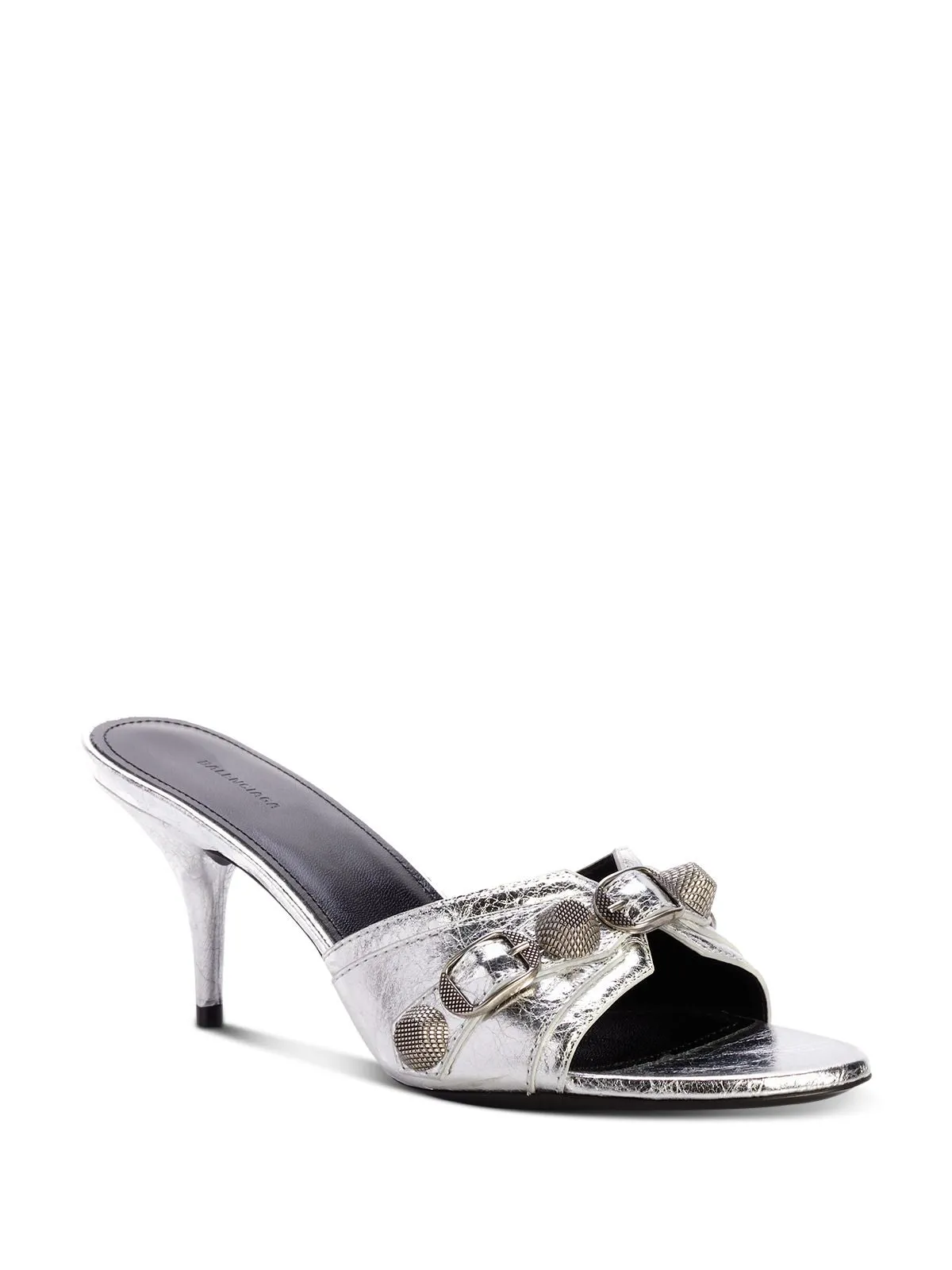 BALENCIAGA Womens Silver Notched Padded Buckle Accent Studded Cagole Round Toe Stiletto Slip On Leather Heeled