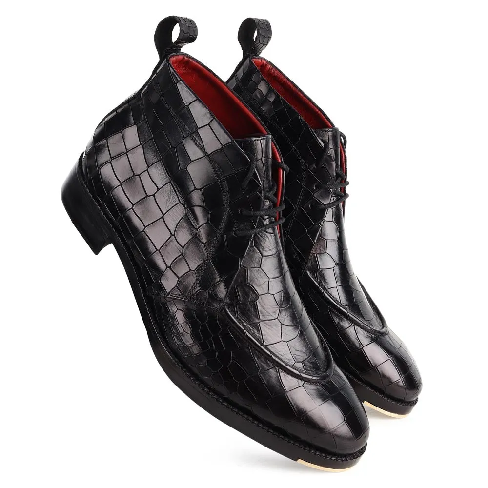Black Croco Glossed Apron toe Chukka boots with Metal Toe