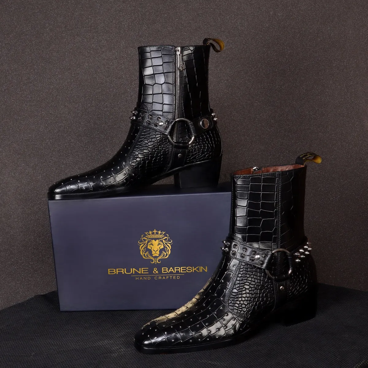 Black Deep Cut Leather Boots with Cuban Heel Metal Fleck & Silver Studded Buckle Strap By Brune & Bareskin