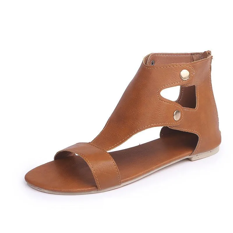 Chicvane Hollow Out Studded Zipper Closure Flat Sandals