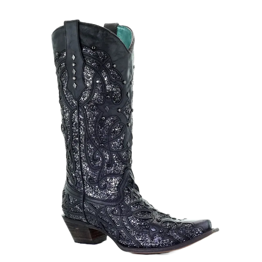 Corral Ladies Black Glitter Inlay and Studded Western Boots C3423