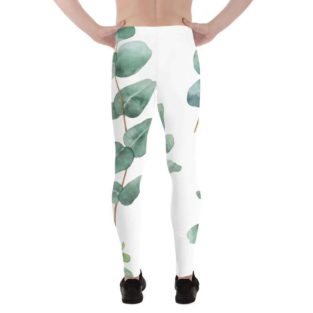 Green Eucalyptus Printed Men's Leggings, Designer Men's Compression Sports Tights - Made in USA/EU/MX