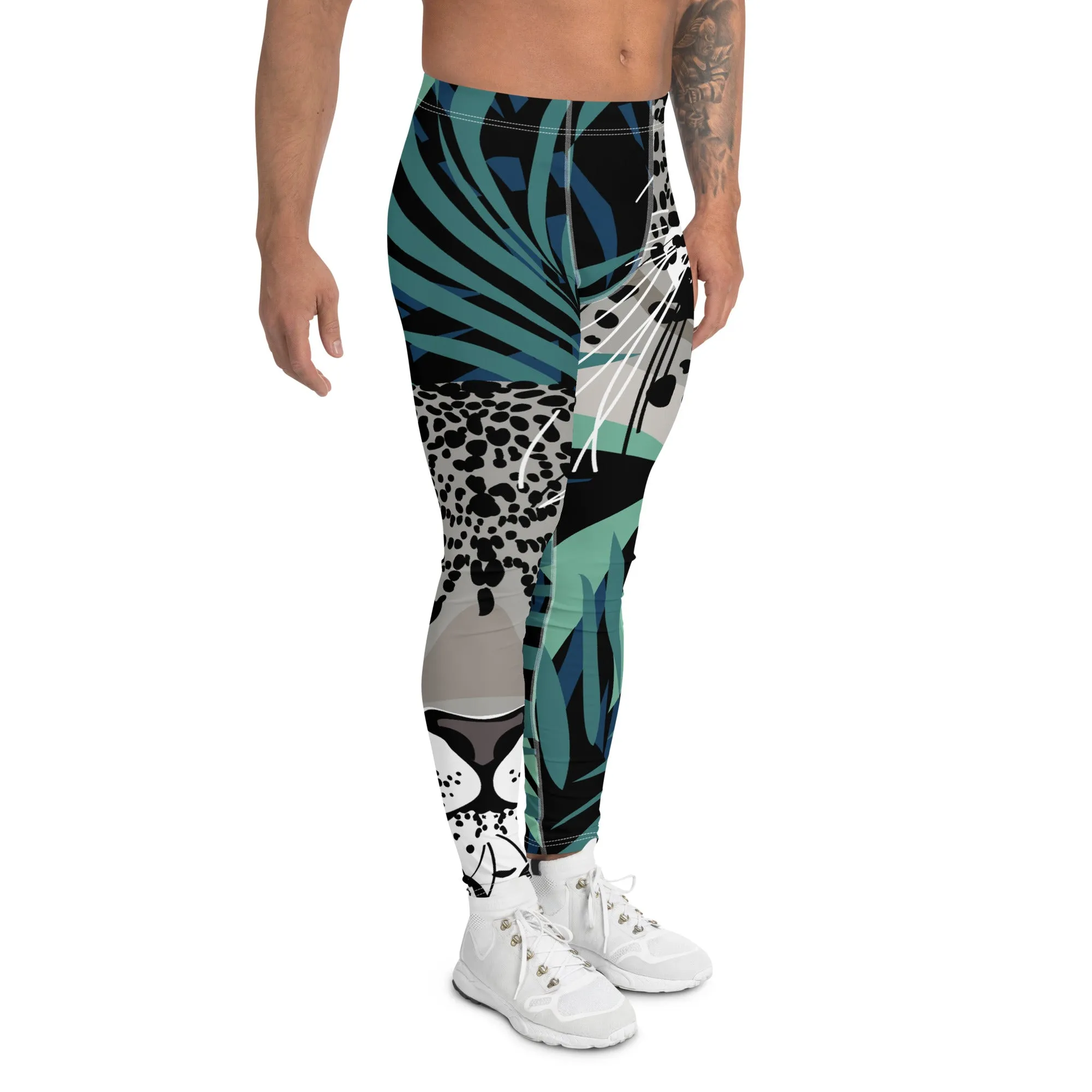 Leopard Print Best Men's Leggings, Tropical Animal Print Designer Men's Compression Sports Tights - Made in USA/EU/MX