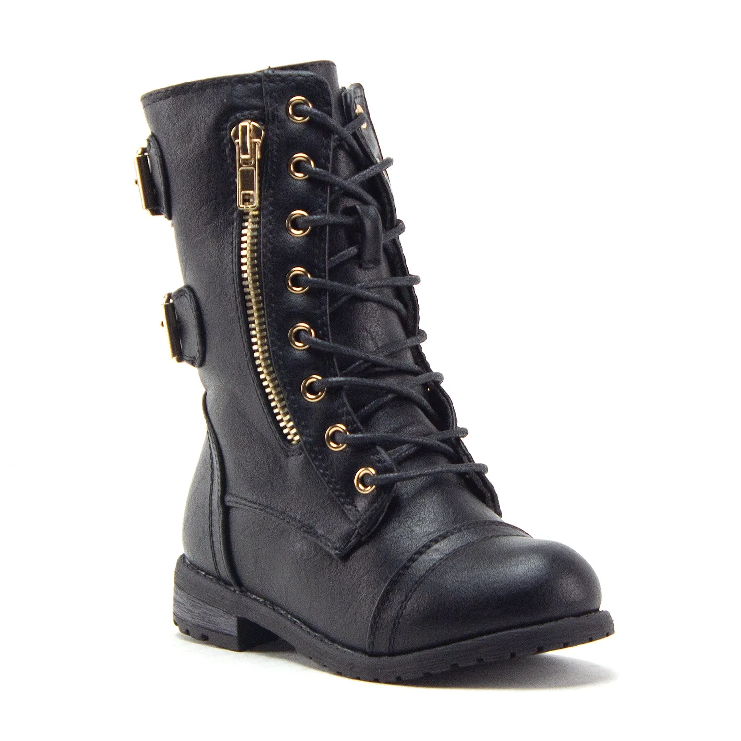 Little Girls Justina Tall Calf High Combat Zipped Round Toe Riding Dress Boots