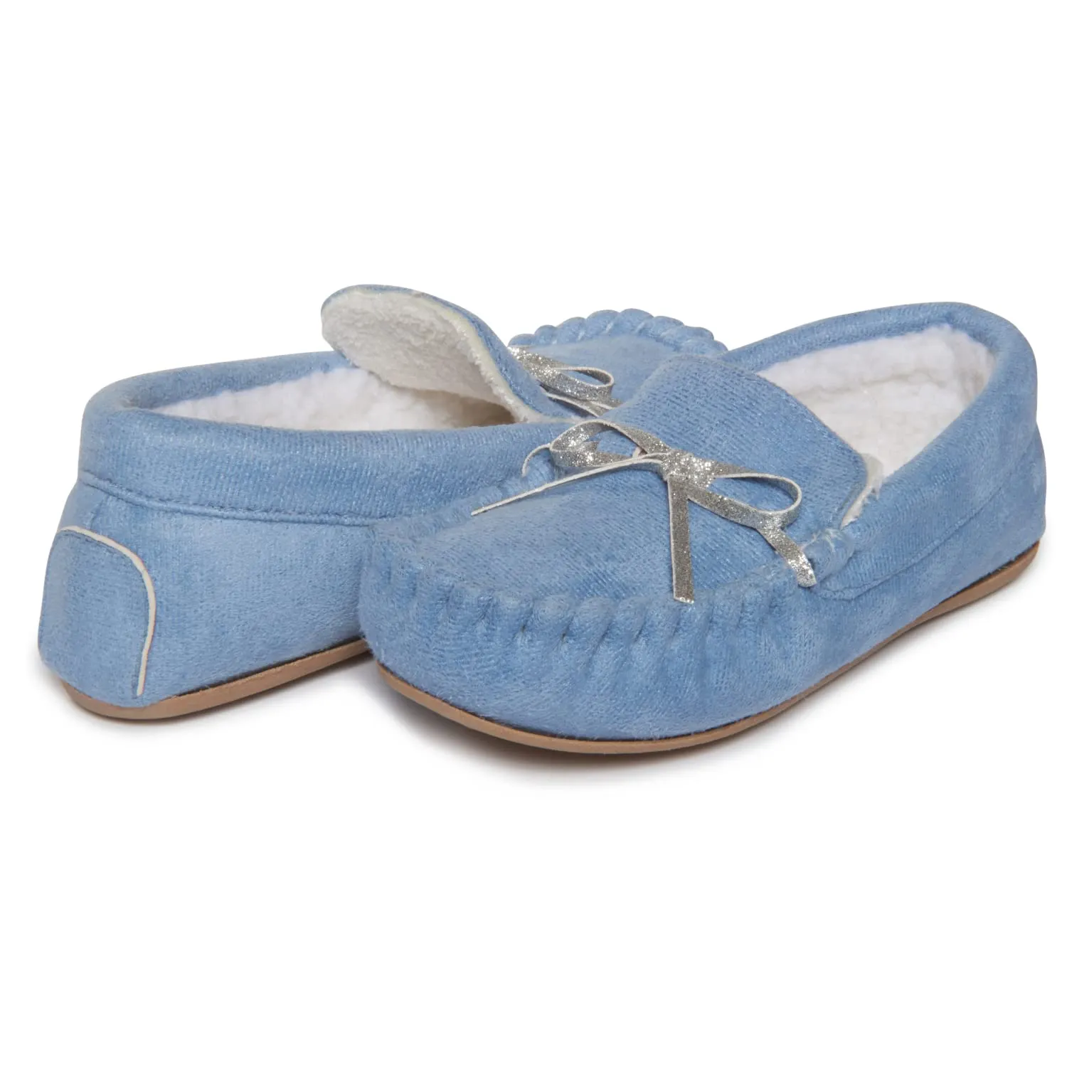 Lucky Brand Girls Plush Glitter Bow Moccasin Slippers, Rubber Sole Indoor Outdoor House Shoes, Kids Bedroom Slipper Moccasins