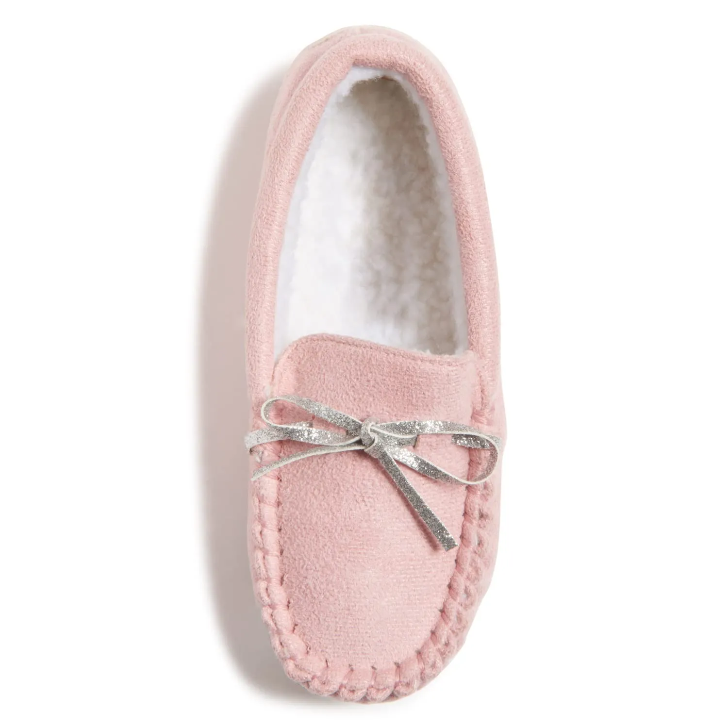 Lucky Brand Girls Plush Glitter Bow Moccasin Slippers, Rubber Sole Indoor Outdoor House Shoes, Kids Bedroom Slipper Moccasins