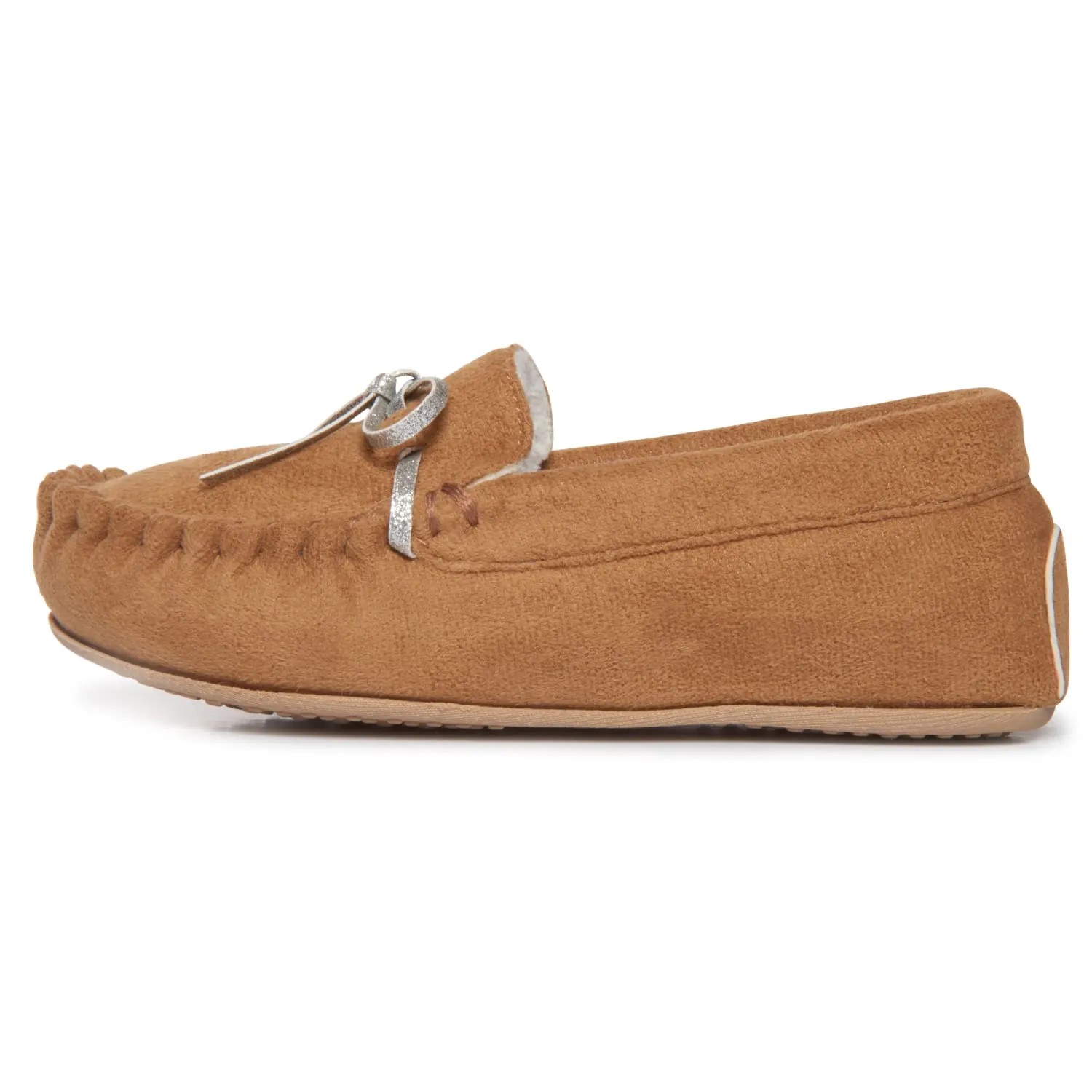 Lucky Brand Girls Plush Glitter Bow Moccasin Slippers, Rubber Sole Indoor Outdoor House Shoes, Kids Bedroom Slipper Moccasins