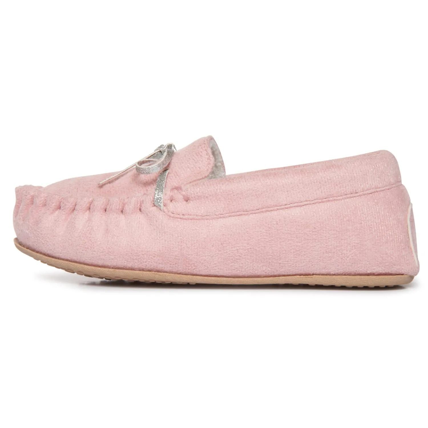 Lucky Brand Girls Plush Glitter Bow Moccasin Slippers, Rubber Sole Indoor Outdoor House Shoes, Kids Bedroom Slipper Moccasins