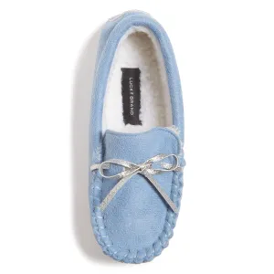 Lucky Brand Girls Plush Glitter Bow Moccasin Slippers, Rubber Sole Indoor Outdoor House Shoes, Kids Bedroom Slipper Moccasins