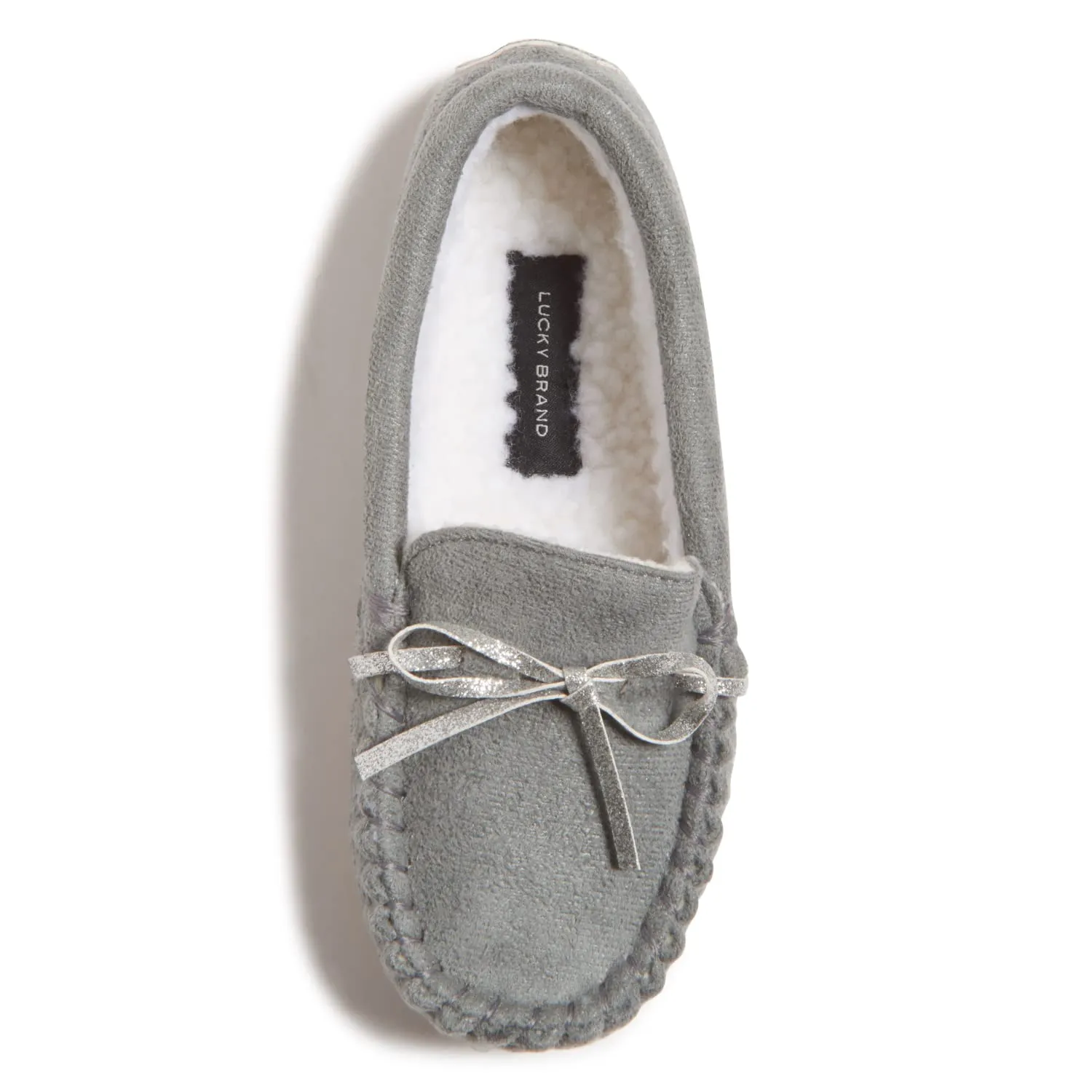 Lucky Brand Girls Plush Glitter Bow Moccasin Slippers, Rubber Sole Indoor Outdoor House Shoes, Kids Bedroom Slipper Moccasins