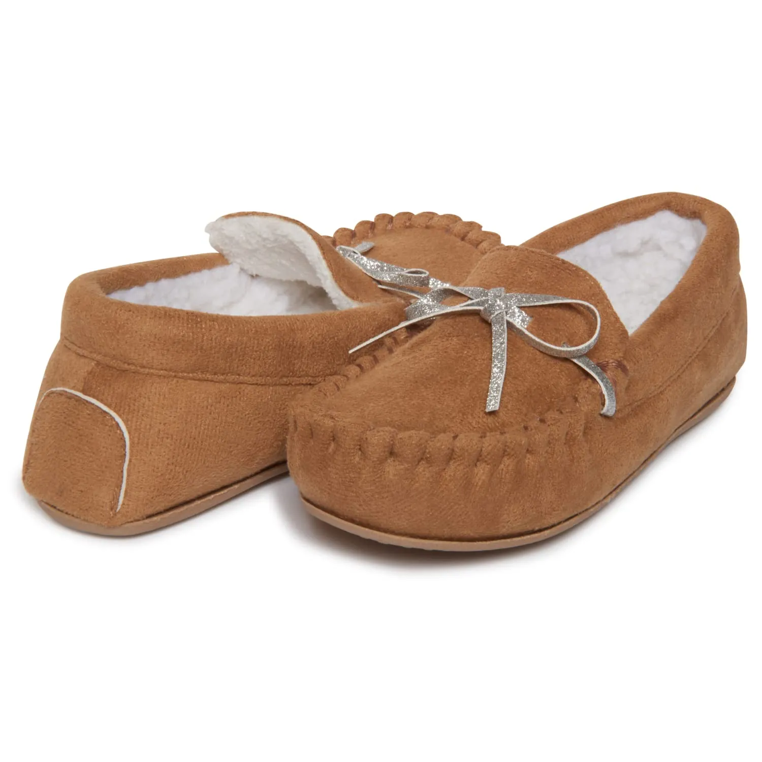 Lucky Brand Girls Plush Glitter Bow Moccasin Slippers, Rubber Sole Indoor Outdoor House Shoes, Kids Bedroom Slipper Moccasins