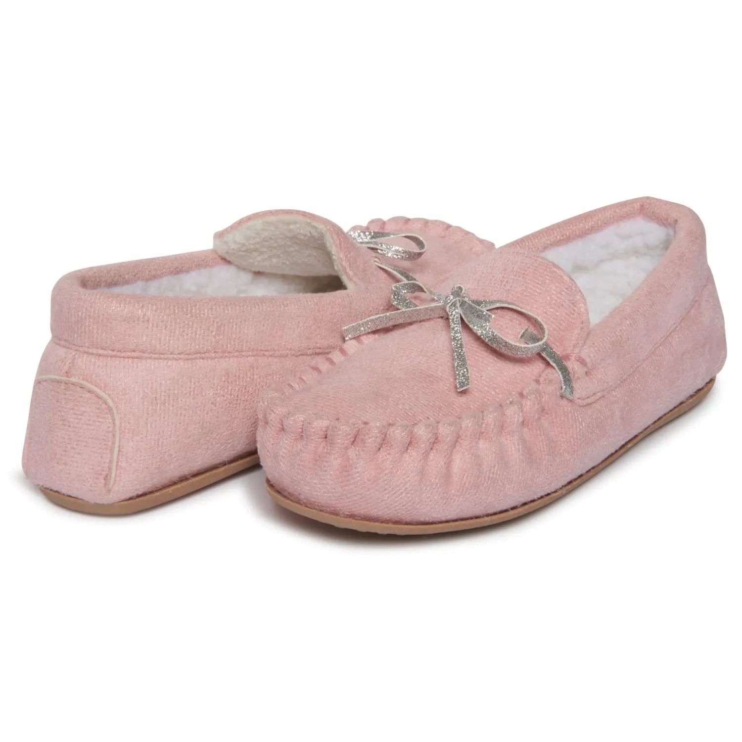 Lucky Brand Girls Plush Glitter Bow Moccasin Slippers, Rubber Sole Indoor Outdoor House Shoes, Kids Bedroom Slipper Moccasins
