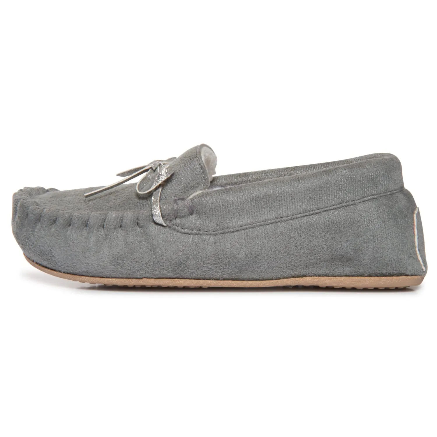 Lucky Brand Girls Plush Glitter Bow Moccasin Slippers, Rubber Sole Indoor Outdoor House Shoes, Kids Bedroom Slipper Moccasins
