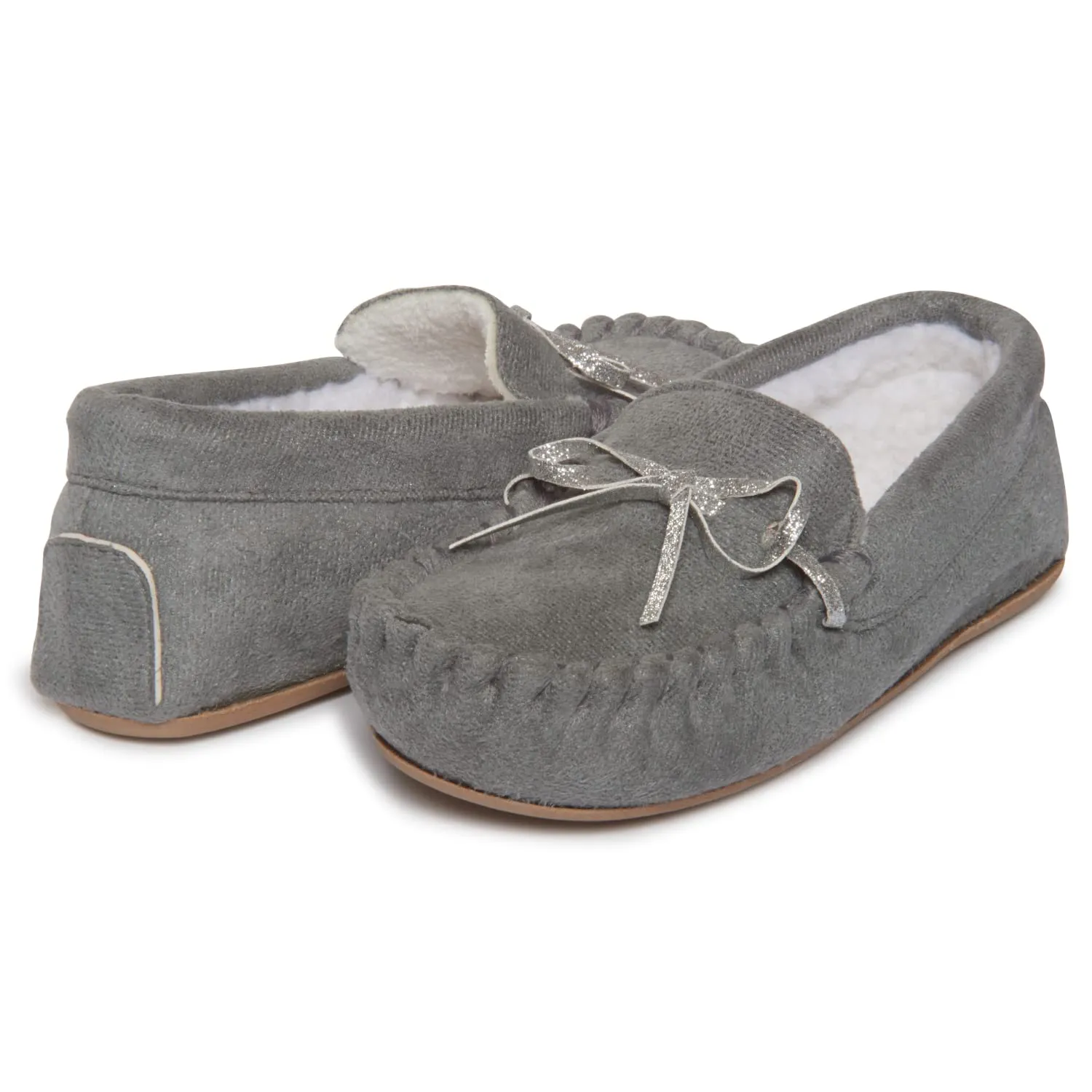 Lucky Brand Girls Plush Glitter Bow Moccasin Slippers, Rubber Sole Indoor Outdoor House Shoes, Kids Bedroom Slipper Moccasins