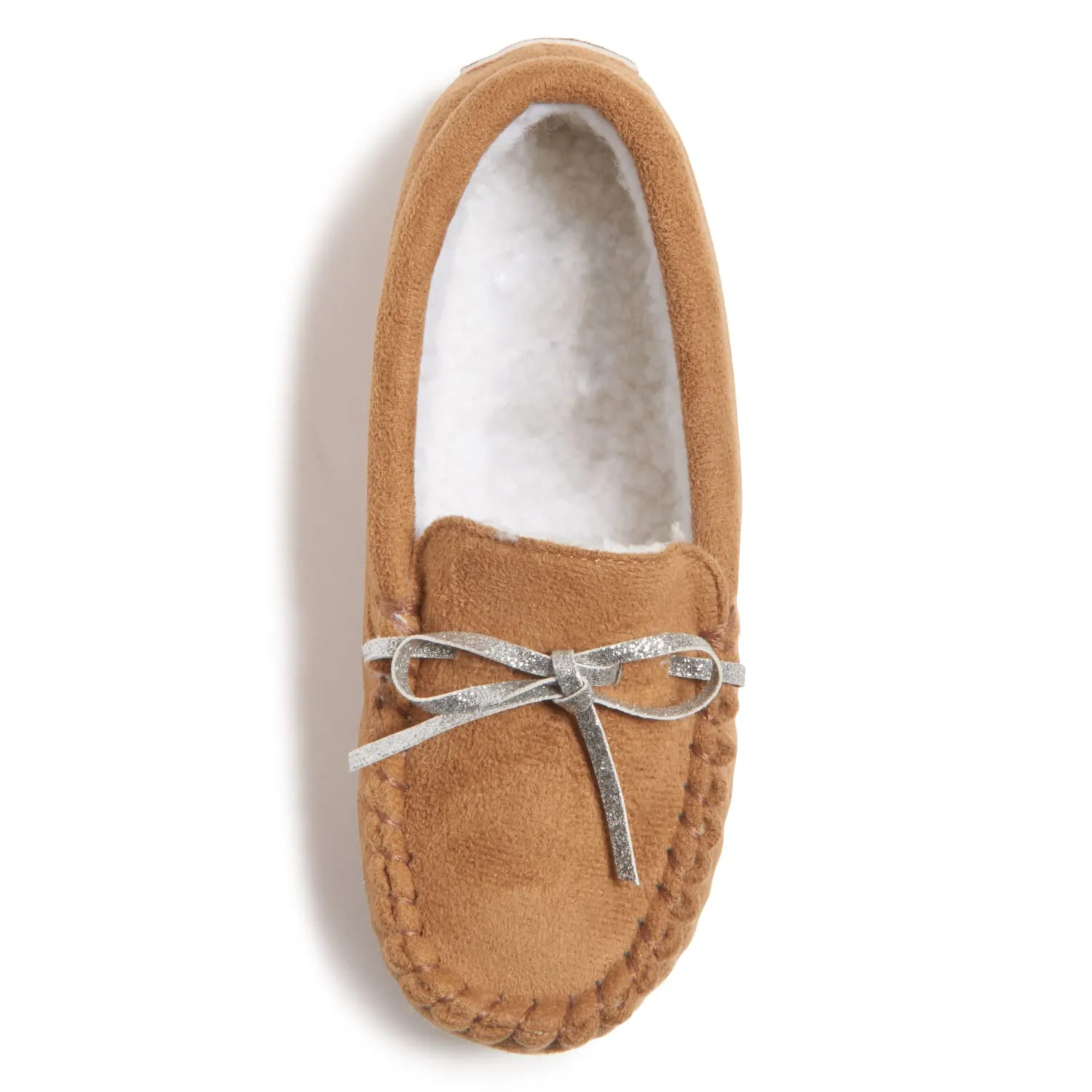 Lucky Brand Girls Plush Glitter Bow Moccasin Slippers, Rubber Sole Indoor Outdoor House Shoes, Kids Bedroom Slipper Moccasins