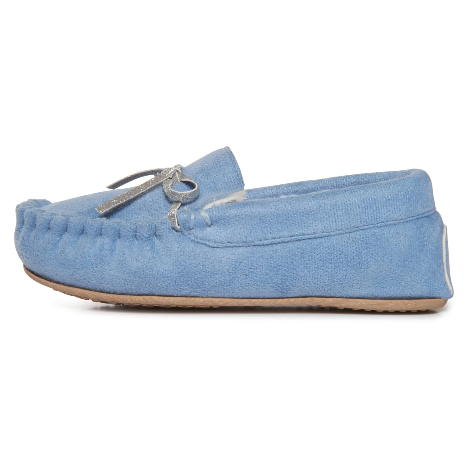 Lucky Brand Girls Plush Glitter Bow Moccasin Slippers, Rubber Sole Indoor Outdoor House Shoes, Kids Bedroom Slipper Moccasins