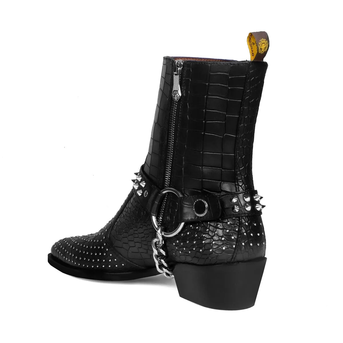Metal Studded Black Cuban Heel Boots with Strap in Deep Cut Leather