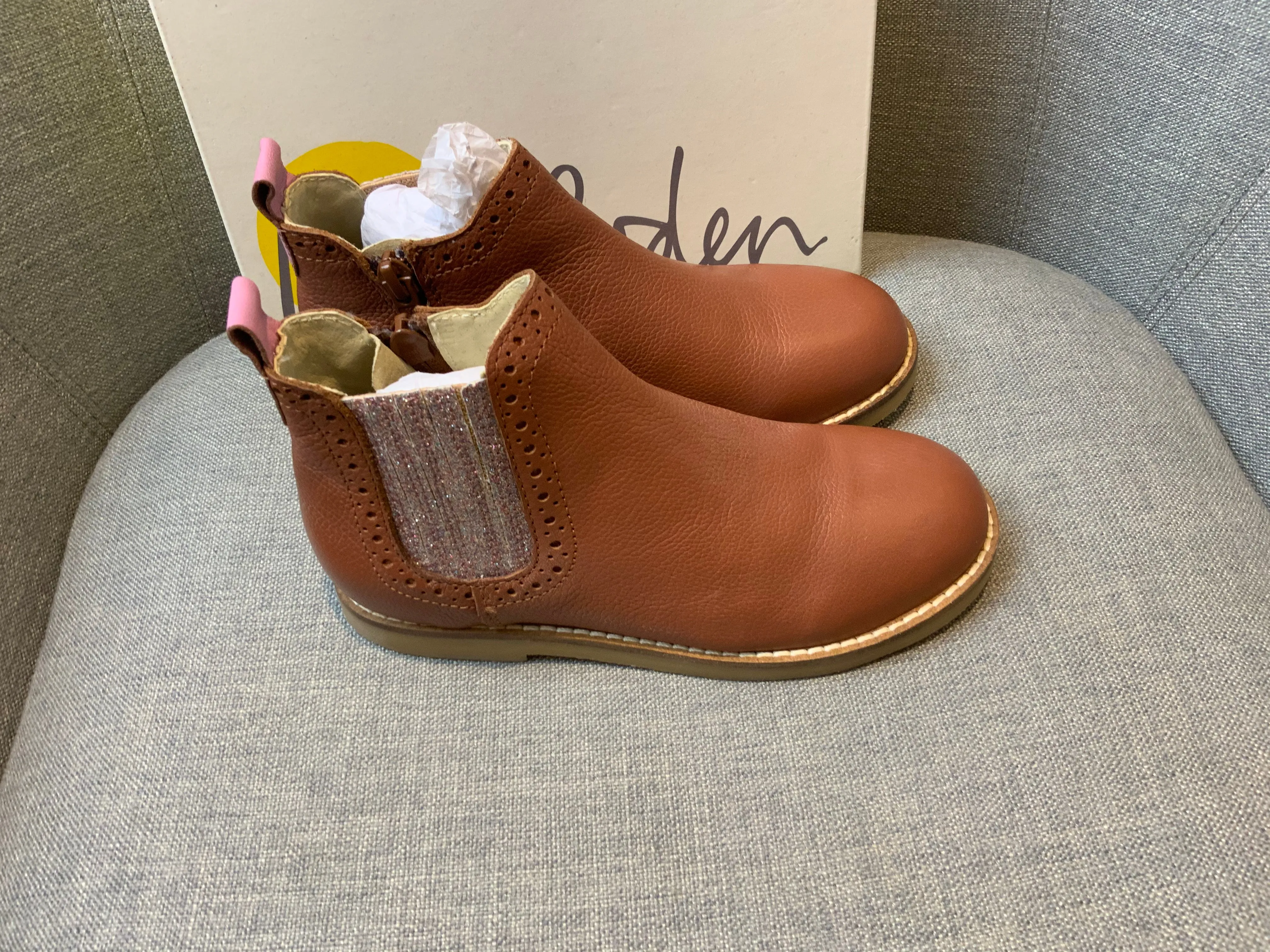 MINI BODEN Girls' Leather Chelsea Boots - Tan Brown Size 31 children
