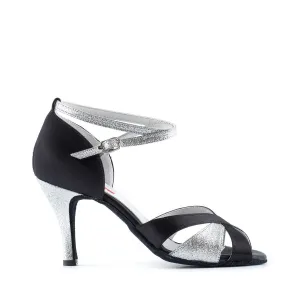 Paoul Treccia Ladies Black Satin Argentine Tango Dance Shoe with Silver Glitter Contrast