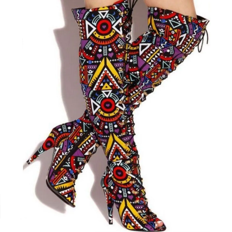 Peep Toe Lace Up Printing Knee High Boots