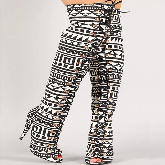 Peep Toe Lace Up Printing Knee High Boots