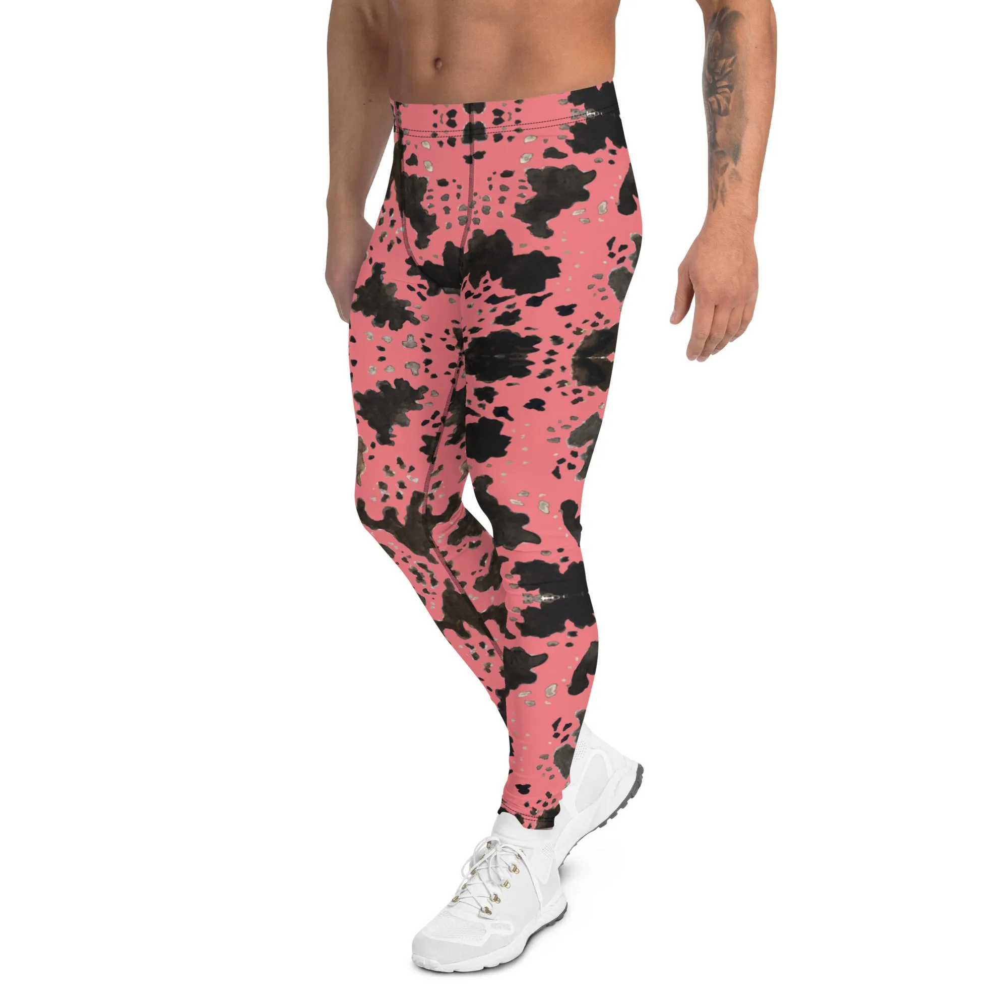 Pink Cow Print Meggings, Animal Print Best Designer Men's Compression Sports Tights - Made in USA/EU/MX