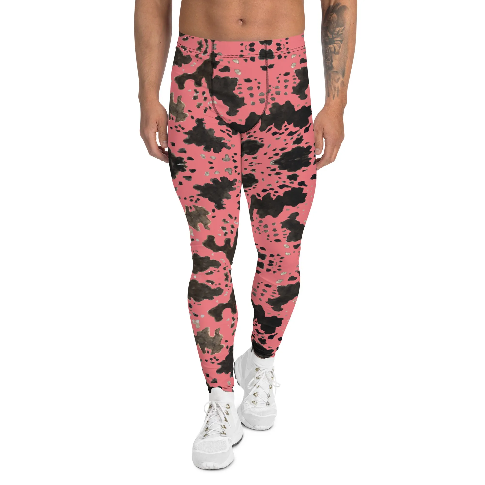 Pink Cow Print Meggings, Animal Print Best Designer Men's Compression Sports Tights - Made in USA/EU/MX
