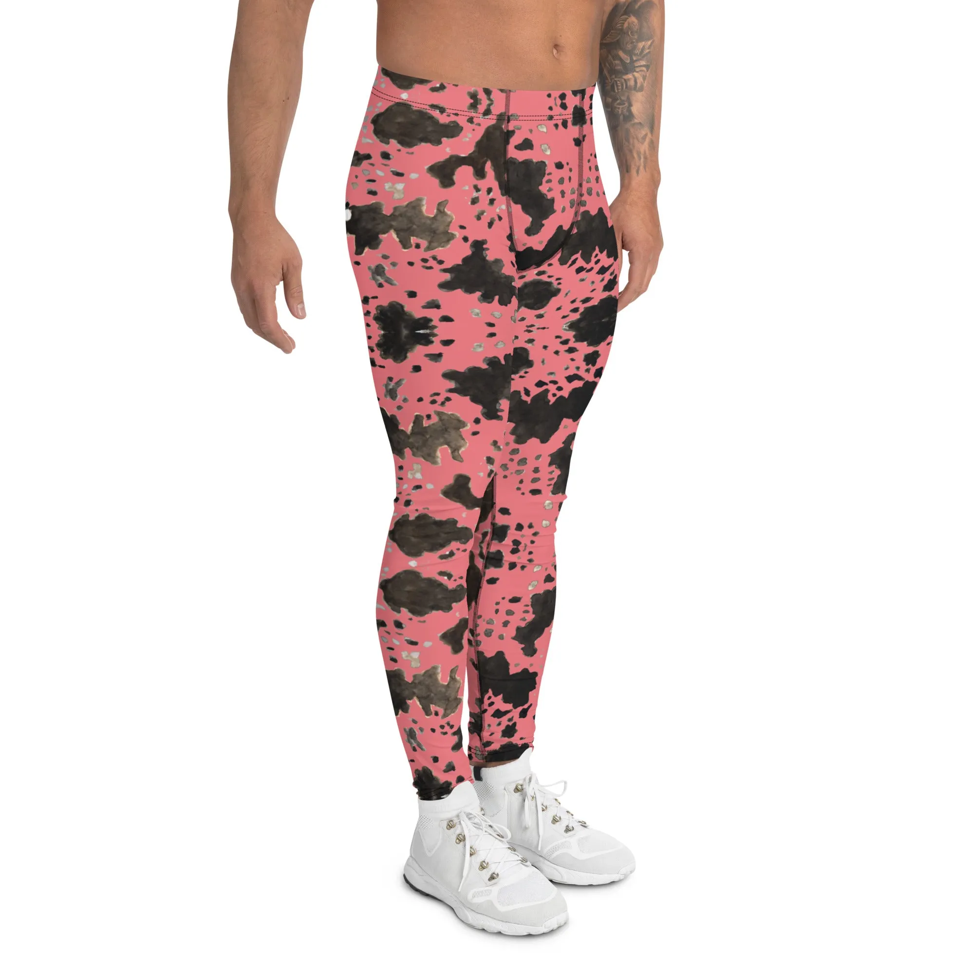 Pink Cow Print Meggings, Animal Print Best Designer Men's Compression Sports Tights - Made in USA/EU/MX