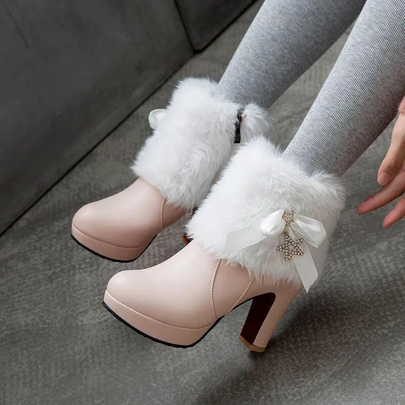 Platform Rhinestone Bow Leather High Heel Calf Boots
