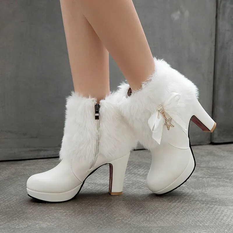 Platform Rhinestone Bow Leather High Heel Calf Boots