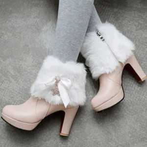 Platform Rhinestone Bow Leather High Heel Calf Boots