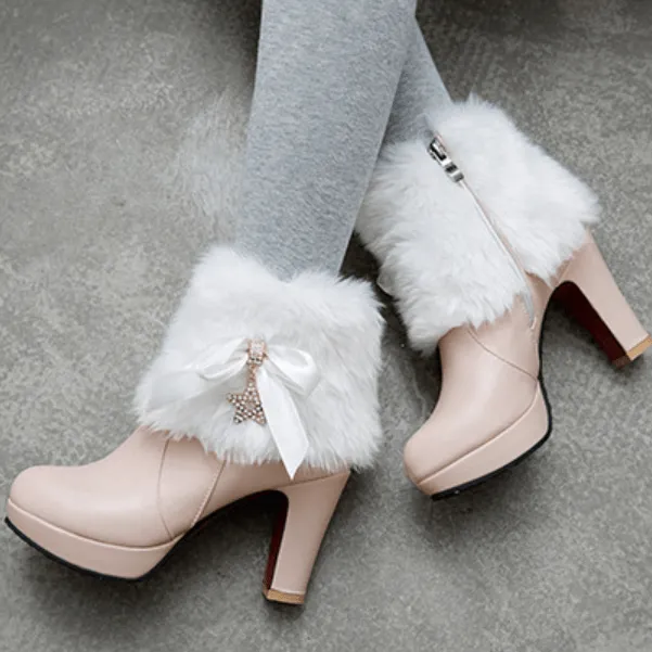 Platform Rhinestone Bow Leather High Heel Calf Boots