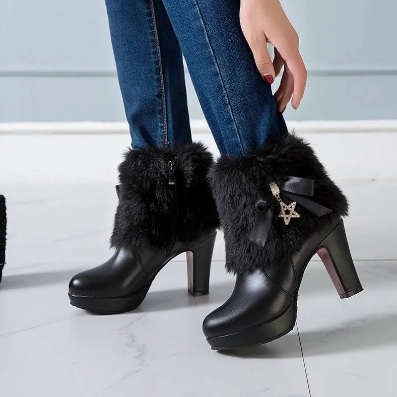 Platform Rhinestone Bow Leather High Heel Calf Boots