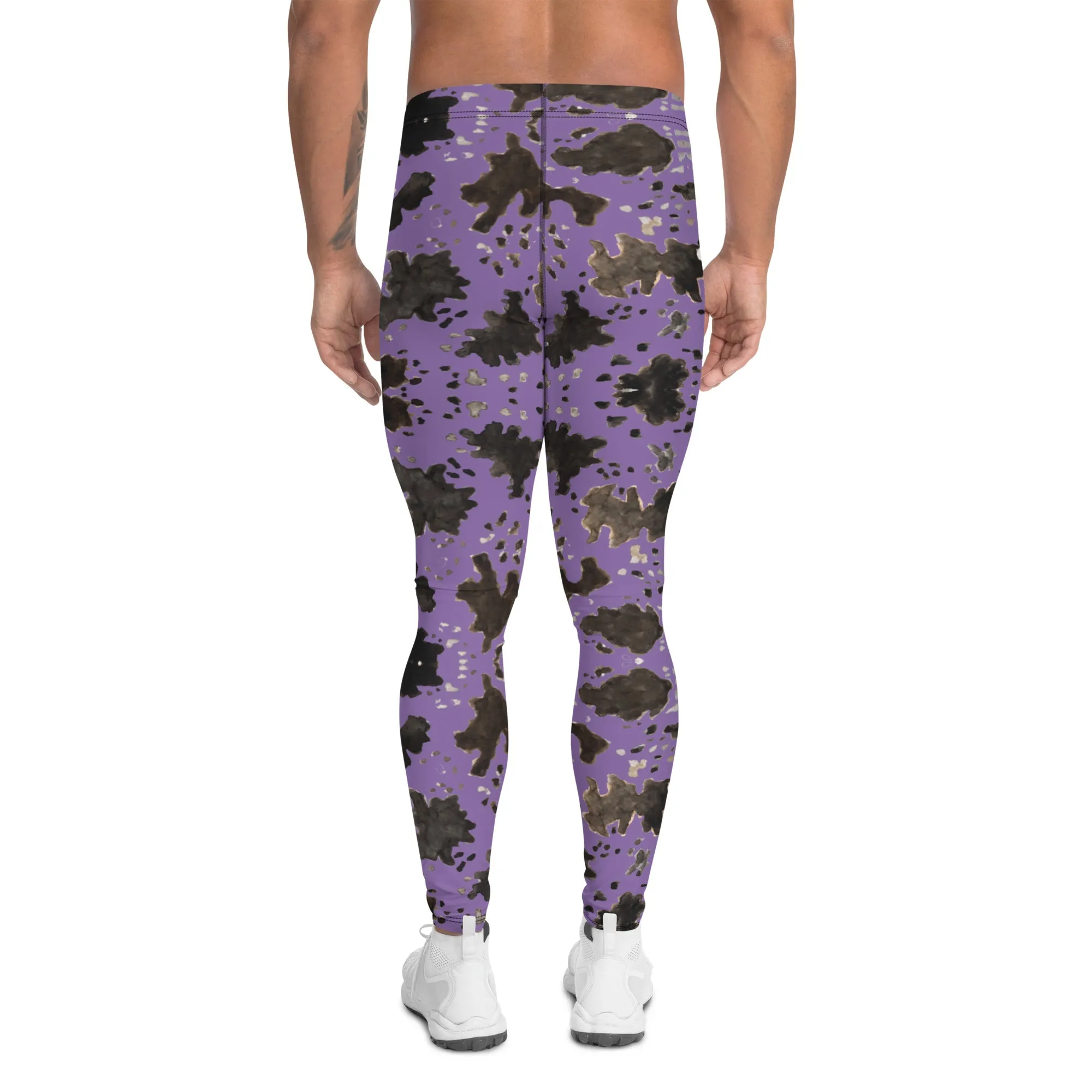 Purple Cow Print Men's Leggings, Cow Animal Print Designer Men's Compression Sports Tights - Made in USA/EU/MX