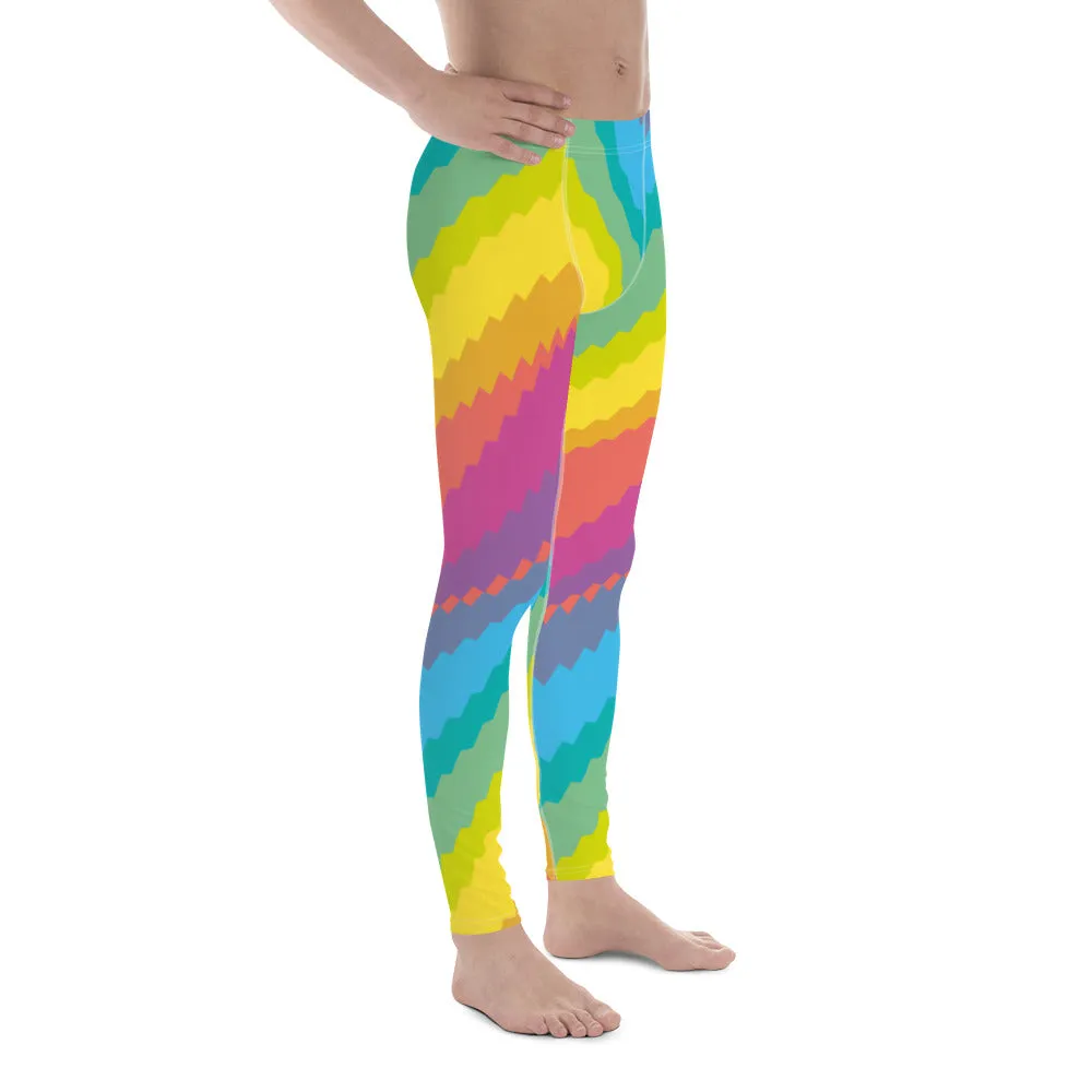 Rainbow Gay Pride Men's Leggings, Colorful Diagonal Striped Best Designer Men's Compression Sports Tights - Made in USA/EU/MX