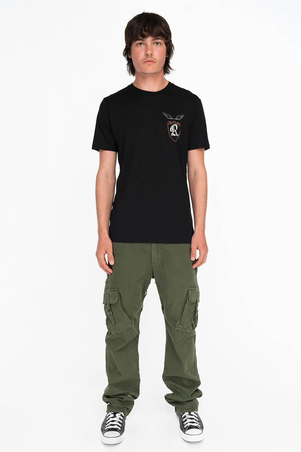 ROBINS SILVER GLITTER EAGLE CREST TEE IN BLACK