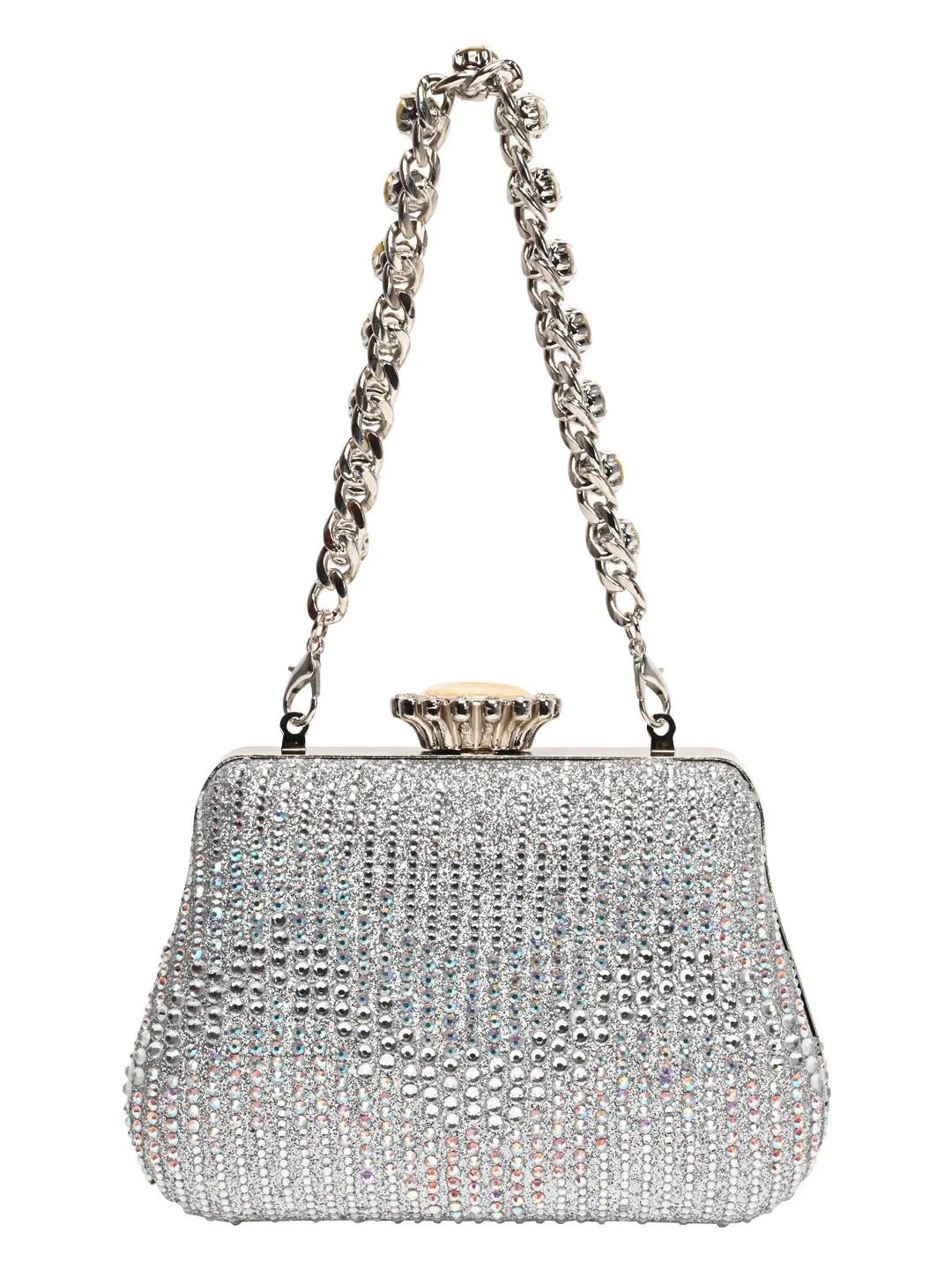 Rocia By Regal Silver Women Patterned Diamond Studded Metal Clutch