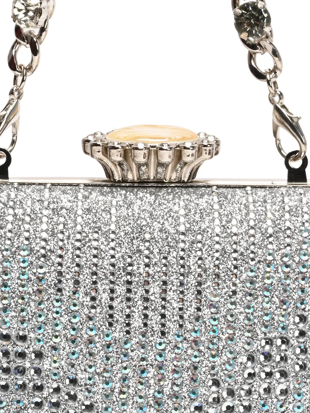 Rocia By Regal Silver Women Patterned Diamond Studded Metal Clutch