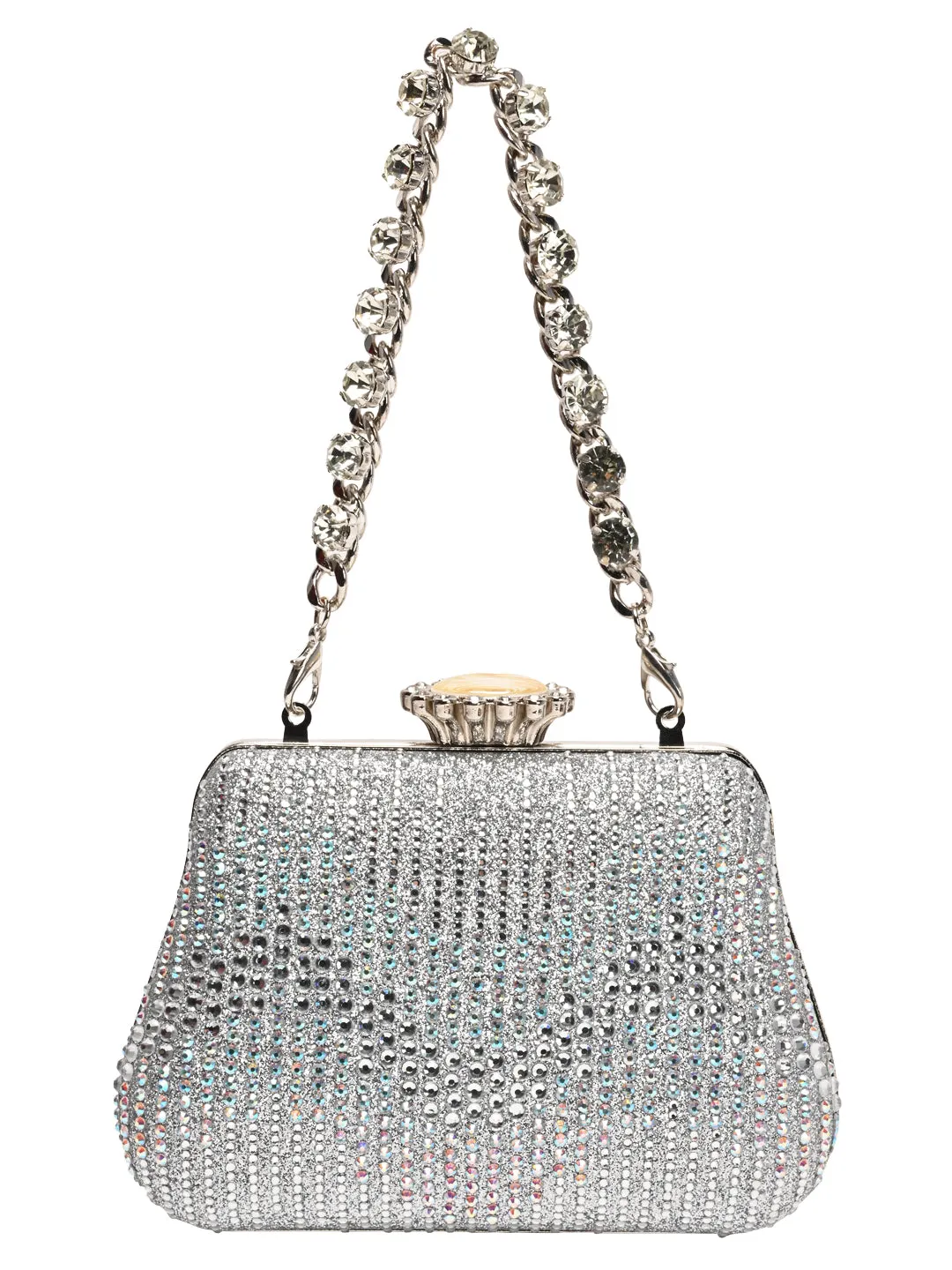 Rocia By Regal Silver Women Patterned Diamond Studded Metal Clutch