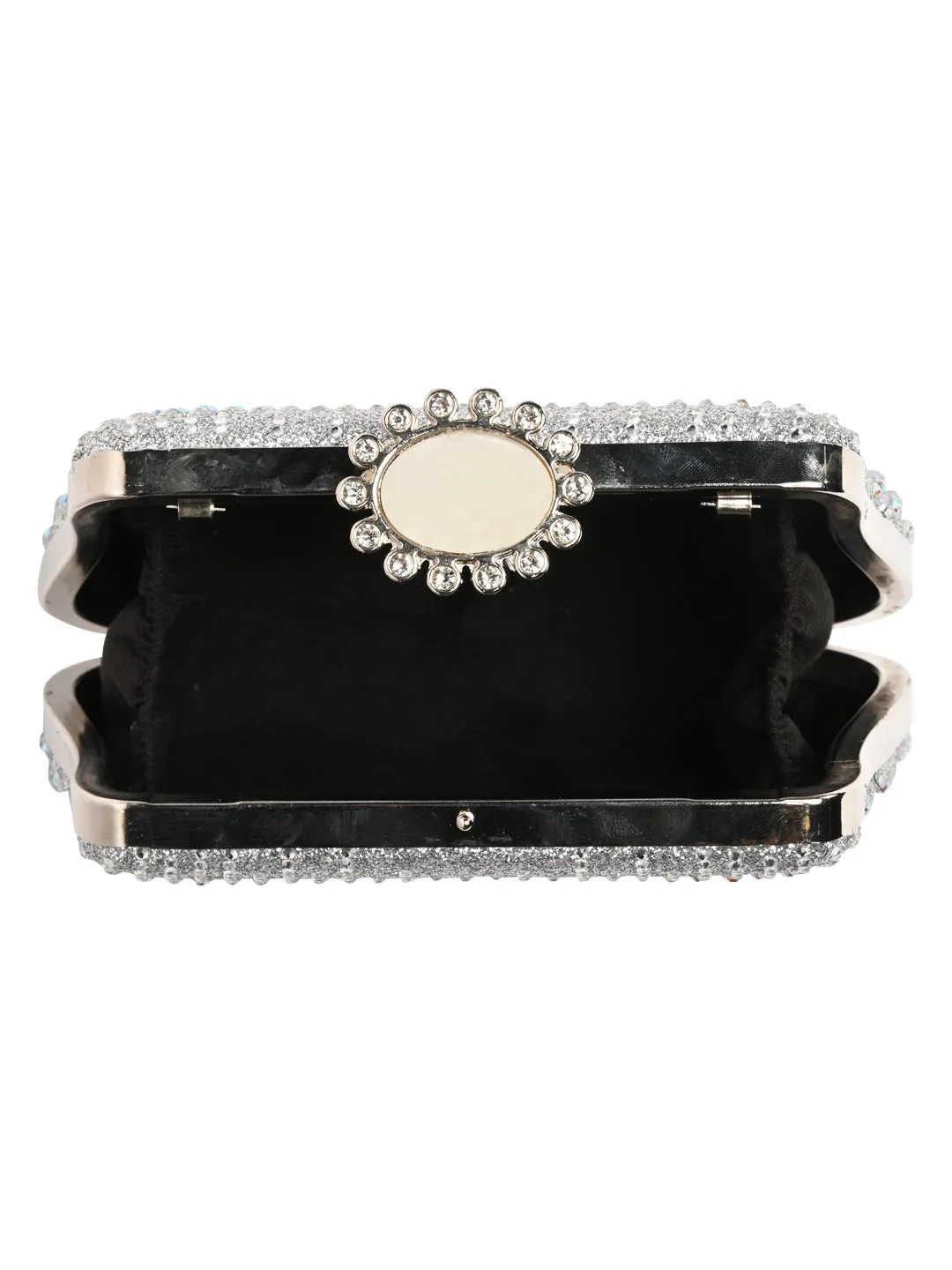 Rocia By Regal Silver Women Patterned Diamond Studded Metal Clutch