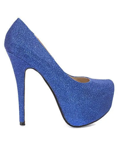 Royal Blue Glitter Almond Toe Stiletto Platform Pump Womens Heels