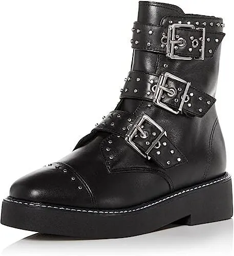 Schutz Caligas Black Studded Buckled Straps Side Zipper Round Toe Combat Boots