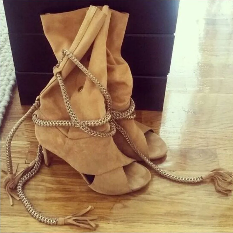 Sexy Suede Strap Peep Toe Calf Boots