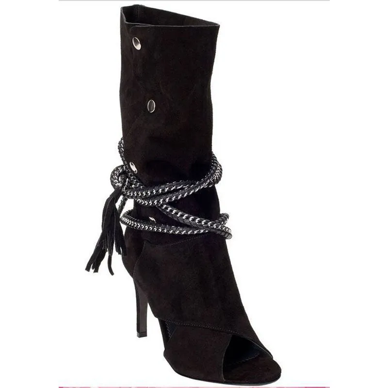 Sexy Suede Strap Peep Toe Calf Boots