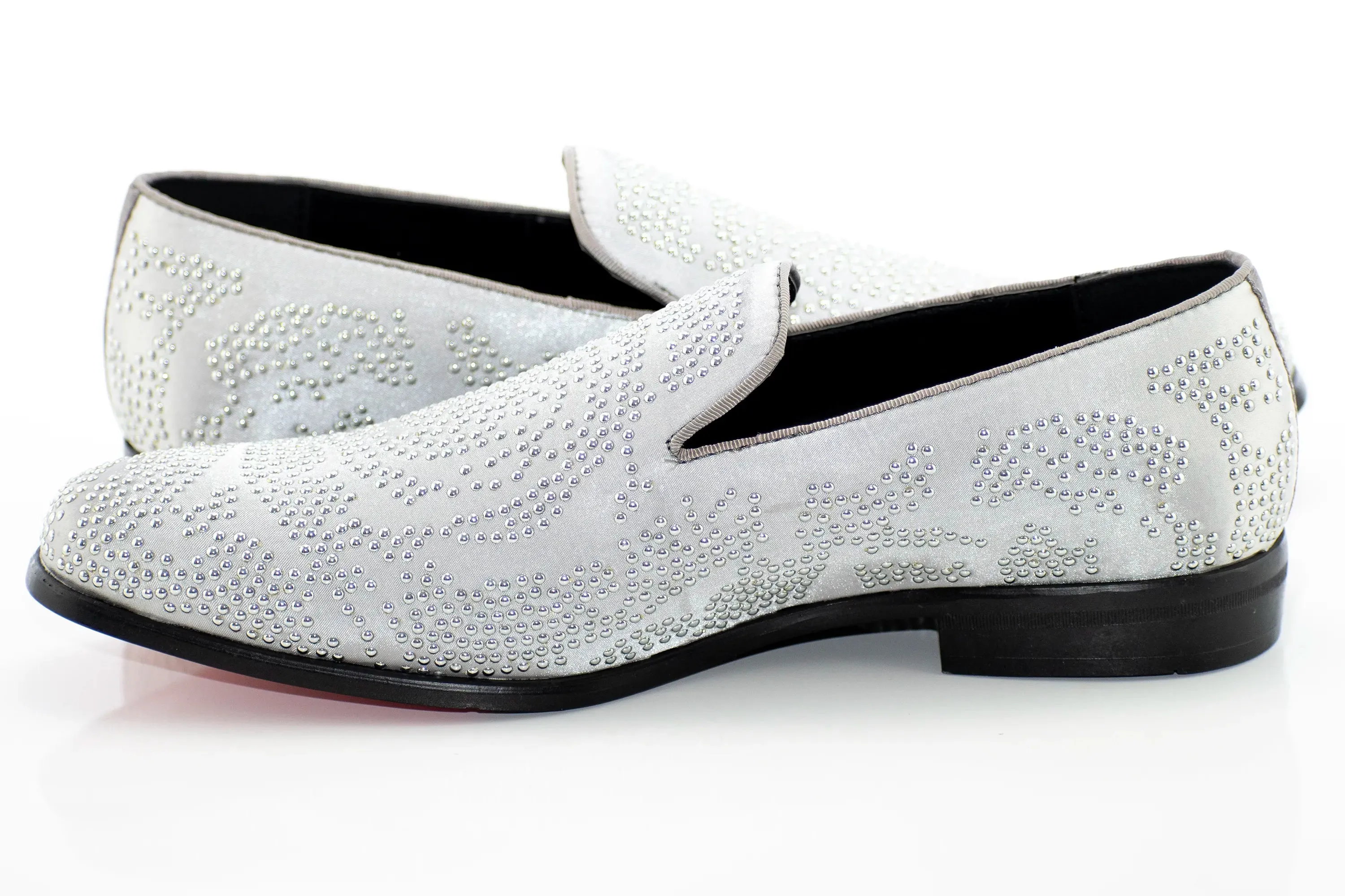Silver Studded Satin Smoking Loafer