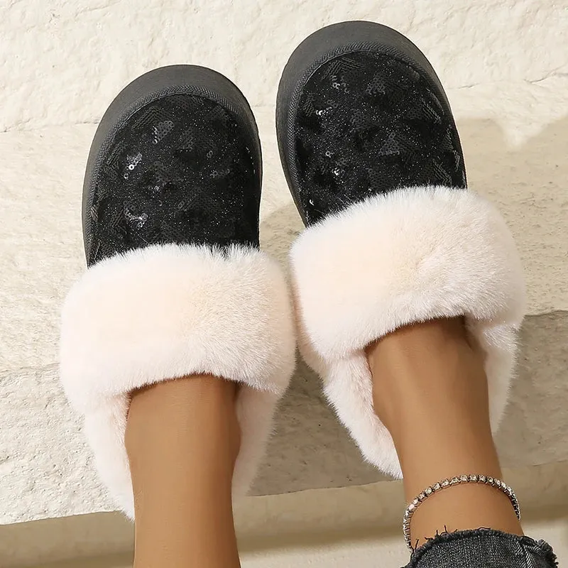 Sohiwoo Glitter Sequins Winter Boots for Women 2024 Slip On Faux Fur Snow Boots Woman Non Slip Platform Ankle Booties Mujer